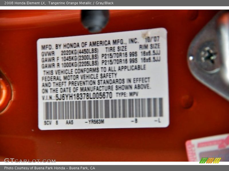 2008 Element LX Tangerine Orange Metallic Color Code YR563M