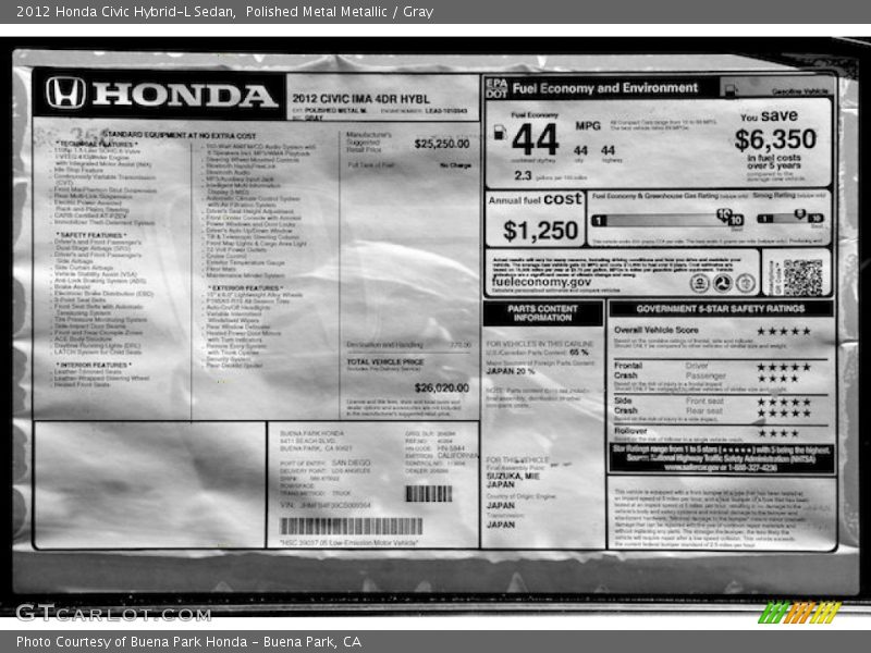  2012 Civic Hybrid-L Sedan Window Sticker