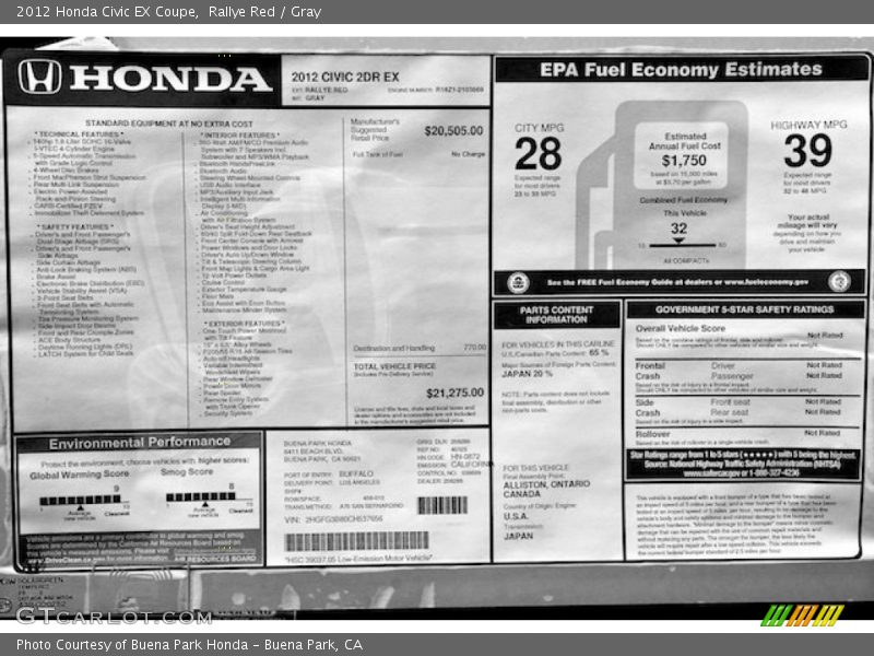 Rallye Red / Gray 2012 Honda Civic EX Coupe