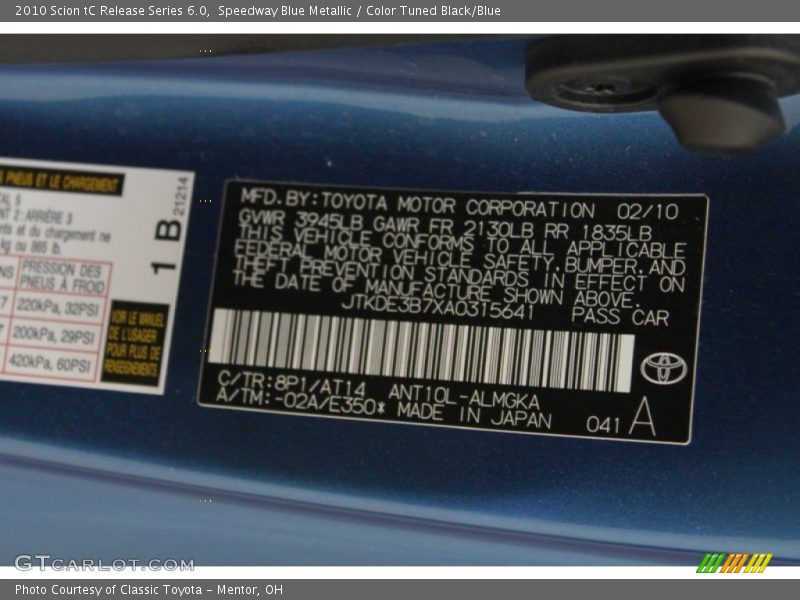 2010 tC Release Series 6.0 Speedway Blue Metallic Color Code 8P1