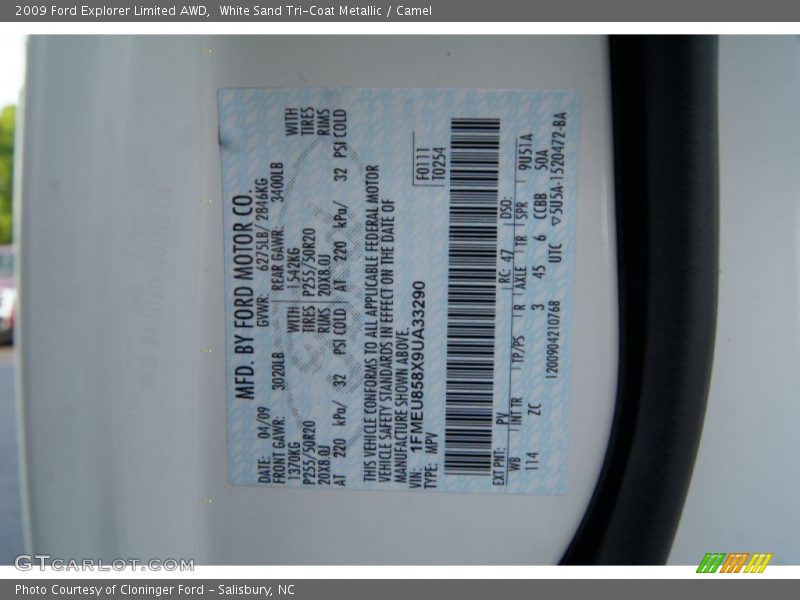 2009 Explorer Limited AWD White Sand Tri-Coat Metallic Color Code PV