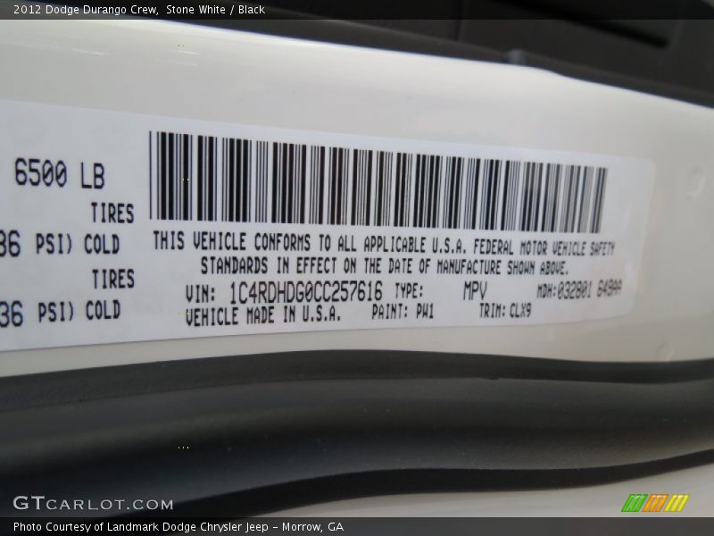 Stone White / Black 2012 Dodge Durango Crew