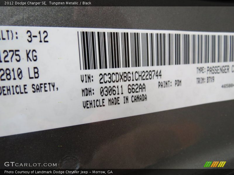 Tungsten Metallic / Black 2012 Dodge Charger SE