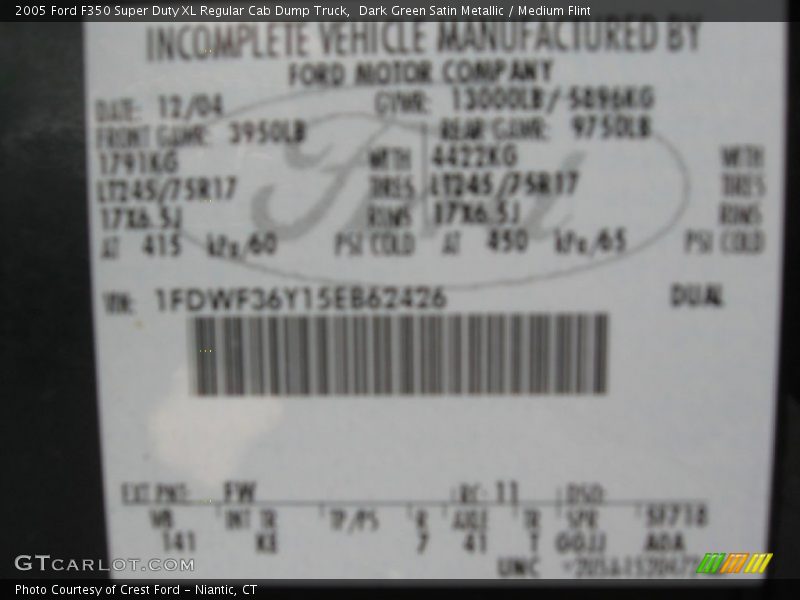 Dark Green Satin Metallic / Medium Flint 2005 Ford F350 Super Duty XL Regular Cab Dump Truck