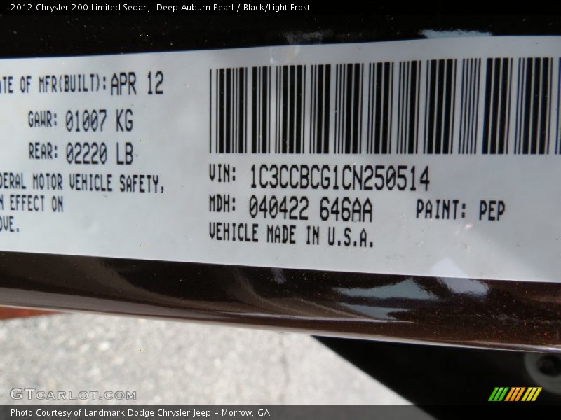 Deep Auburn Pearl / Black/Light Frost 2012 Chrysler 200 Limited Sedan