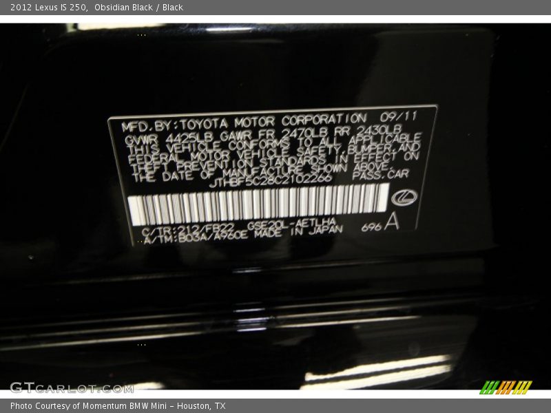 Obsidian Black / Black 2012 Lexus IS 250