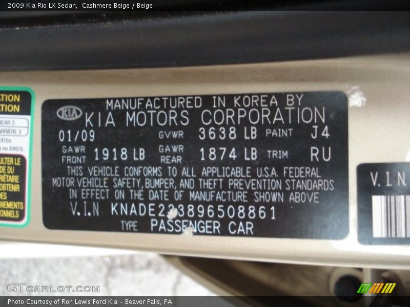 Cashmere Beige / Beige 2009 Kia Rio LX Sedan