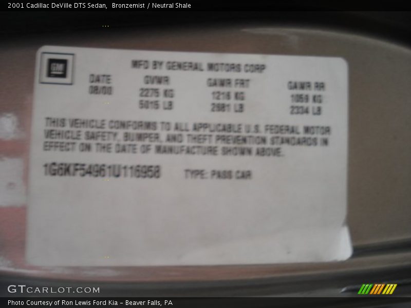 Bronzemist / Neutral Shale 2001 Cadillac DeVille DTS Sedan
