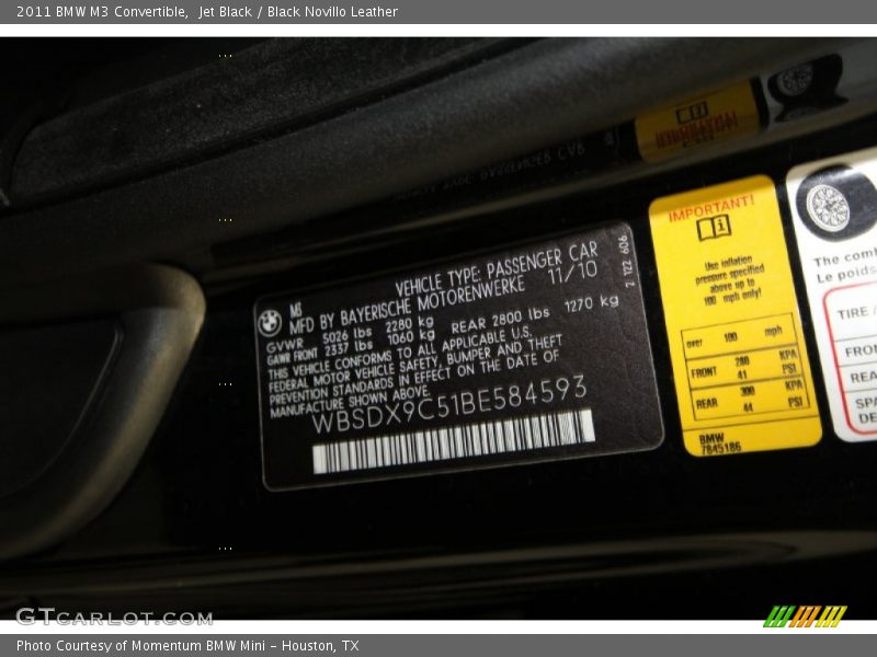 Jet Black / Black Novillo Leather 2011 BMW M3 Convertible