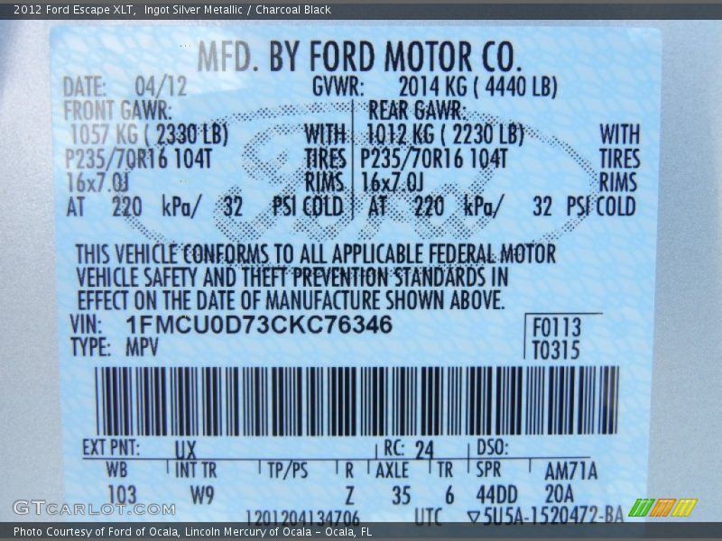 Ingot Silver Metallic / Charcoal Black 2012 Ford Escape XLT