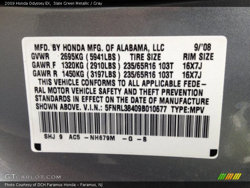 Slate Green Metallic / Gray 2009 Honda Odyssey EX