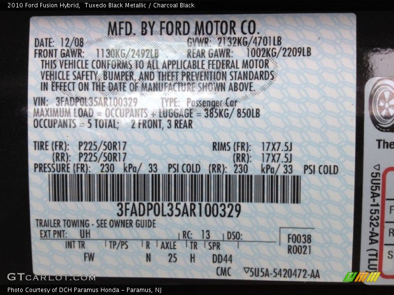 Tuxedo Black Metallic / Charcoal Black 2010 Ford Fusion Hybrid