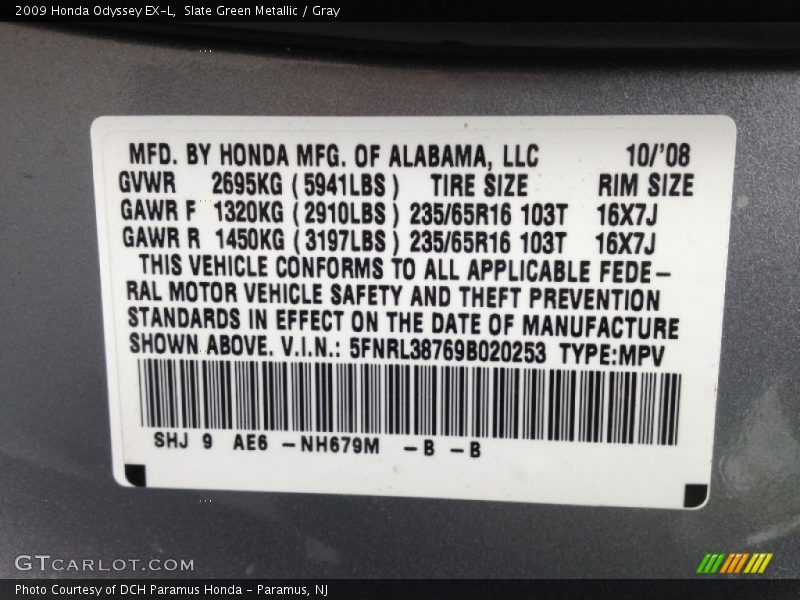 Slate Green Metallic / Gray 2009 Honda Odyssey EX-L