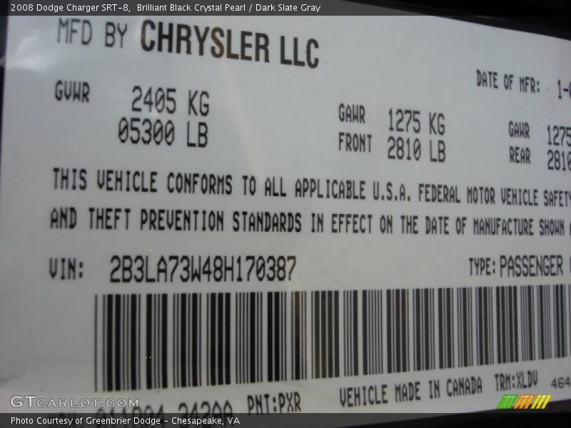 Brilliant Black Crystal Pearl / Dark Slate Gray 2008 Dodge Charger SRT-8