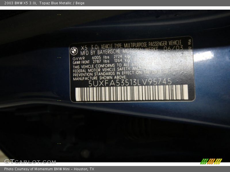 Topaz Blue Metallic / Beige 2003 BMW X5 3.0i
