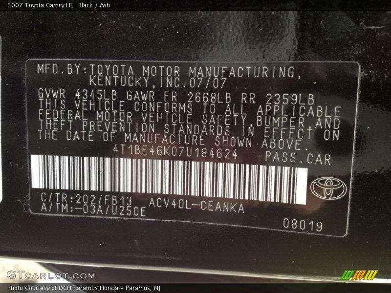 Black / Ash 2007 Toyota Camry LE