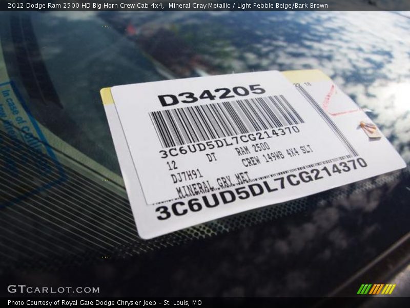 Mineral Gray Metallic / Light Pebble Beige/Bark Brown 2012 Dodge Ram 2500 HD Big Horn Crew Cab 4x4