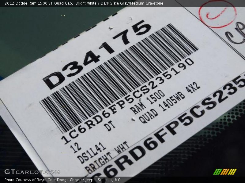 Bright White / Dark Slate Gray/Medium Graystone 2012 Dodge Ram 1500 ST Quad Cab