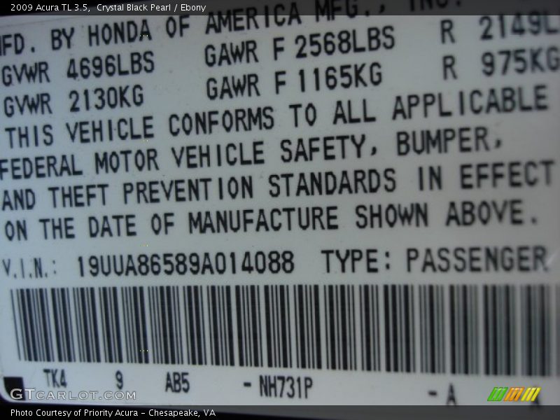 Crystal Black Pearl / Ebony 2009 Acura TL 3.5
