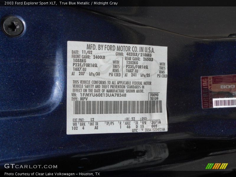 True Blue Metallic / Midnight Gray 2003 Ford Explorer Sport XLT