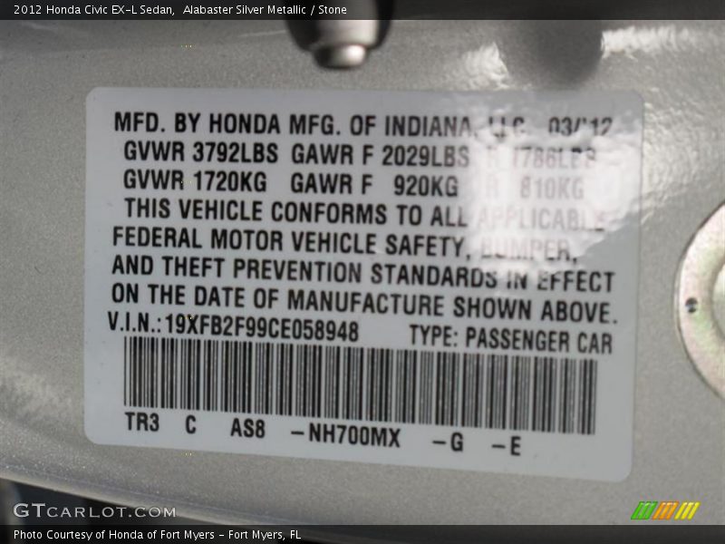 Alabaster Silver Metallic / Stone 2012 Honda Civic EX-L Sedan