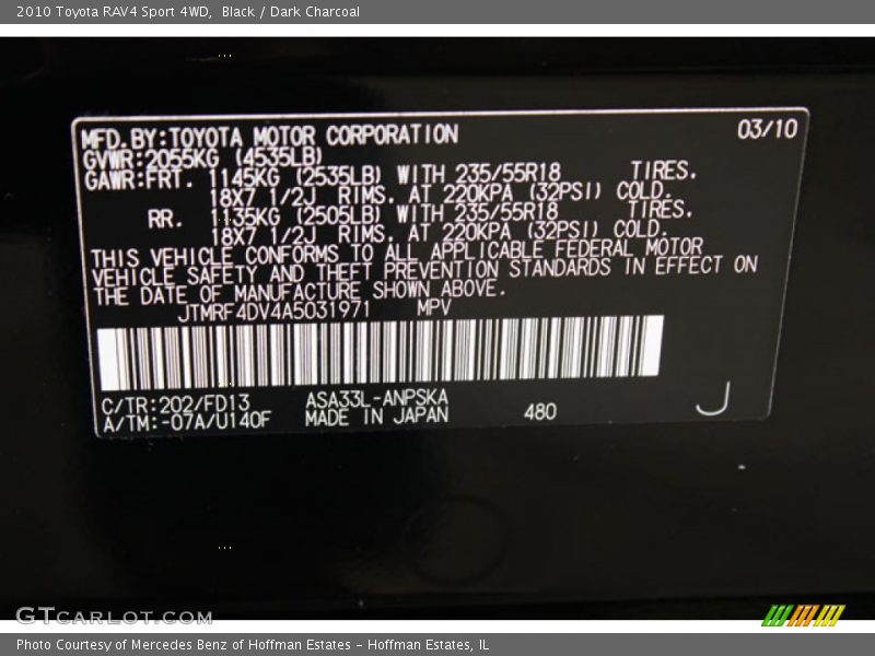 Black / Dark Charcoal 2010 Toyota RAV4 Sport 4WD