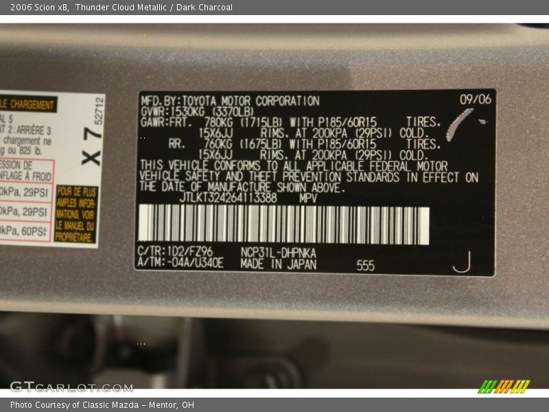 2006 xB  Thunder Cloud Metallic Color Code 1D2