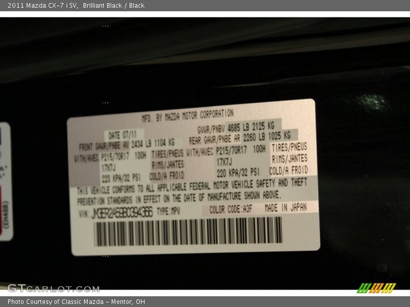 Brilliant Black / Black 2011 Mazda CX-7 i SV