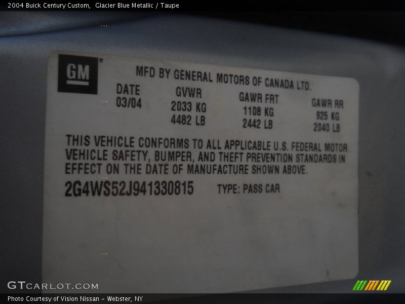 Glacier Blue Metallic / Taupe 2004 Buick Century Custom