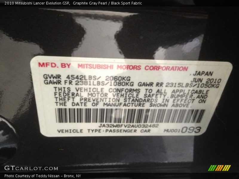 Graphite Gray Pearl / Black Sport Fabric 2010 Mitsubishi Lancer Evolution GSR