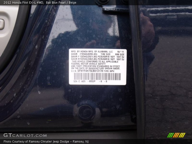 2012 Pilot EX-L 4WD Bali Blue Pearl Color Code B552P