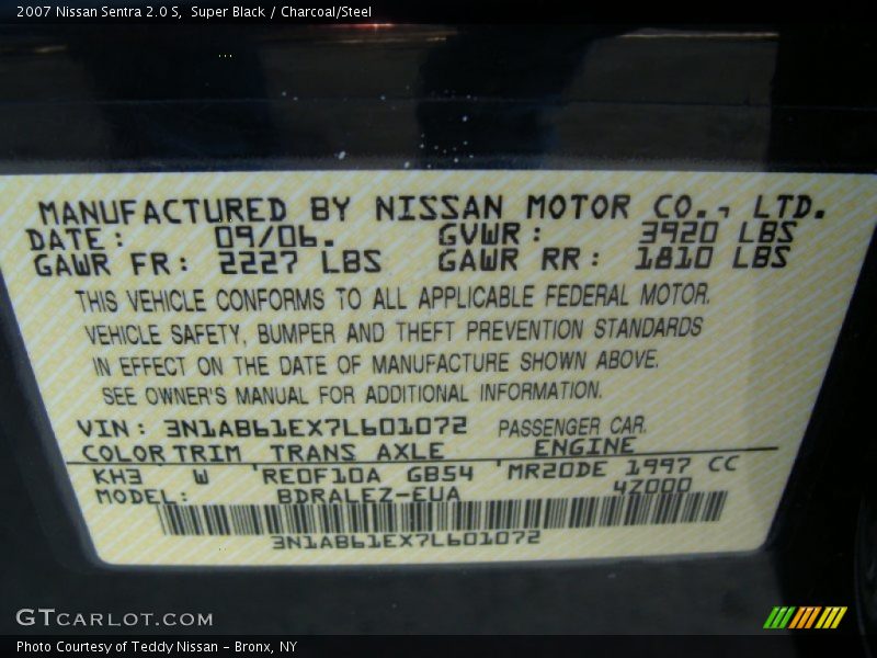 Super Black / Charcoal/Steel 2007 Nissan Sentra 2.0 S