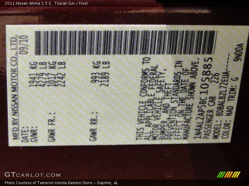 Tuscan Sun / Frost 2011 Nissan Altima 2.5 S