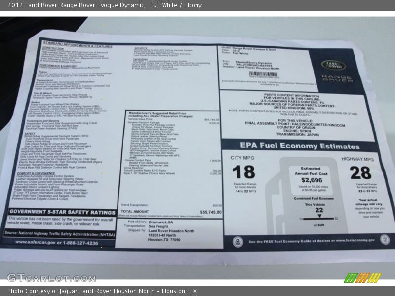  2012 Range Rover Evoque Dynamic Window Sticker