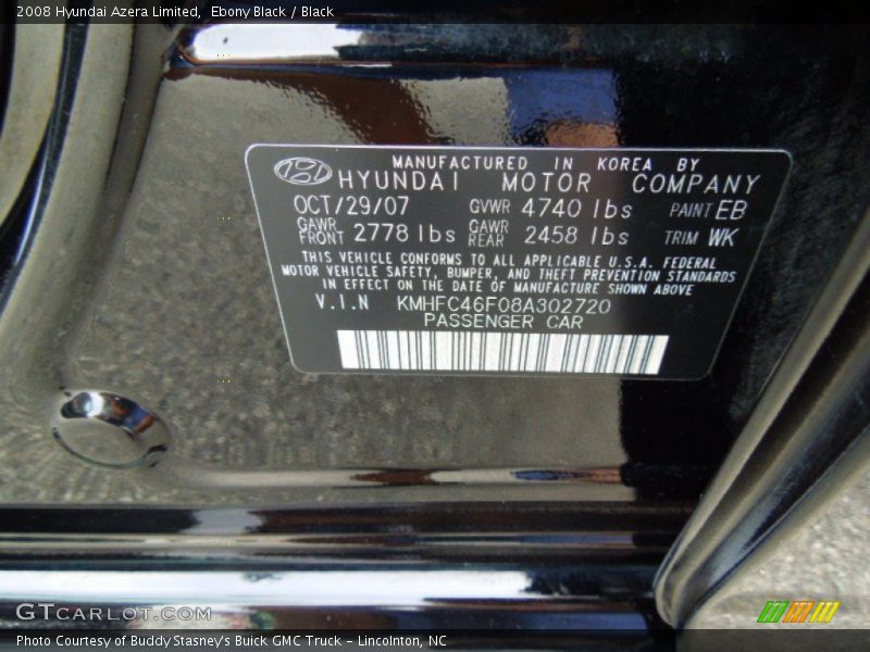 Ebony Black / Black 2008 Hyundai Azera Limited