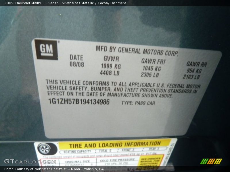 Silver Moss Metallic / Cocoa/Cashmere 2009 Chevrolet Malibu LT Sedan