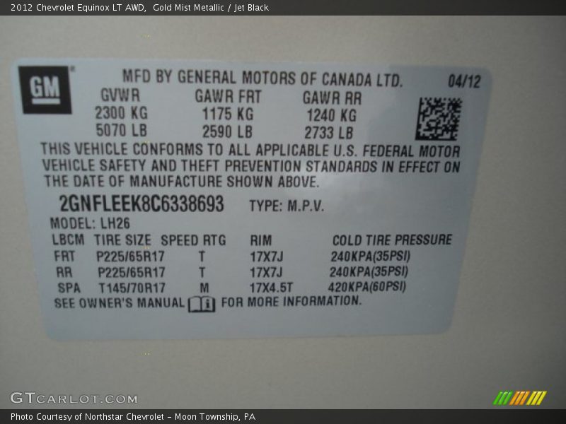 Gold Mist Metallic / Jet Black 2012 Chevrolet Equinox LT AWD