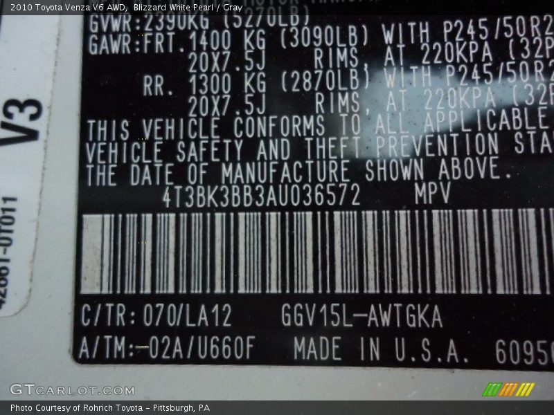 Blizzard White Pearl / Gray 2010 Toyota Venza V6 AWD