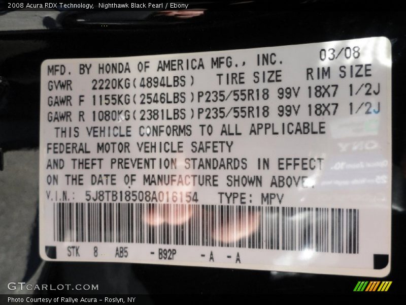 Nighthawk Black Pearl / Ebony 2008 Acura RDX Technology