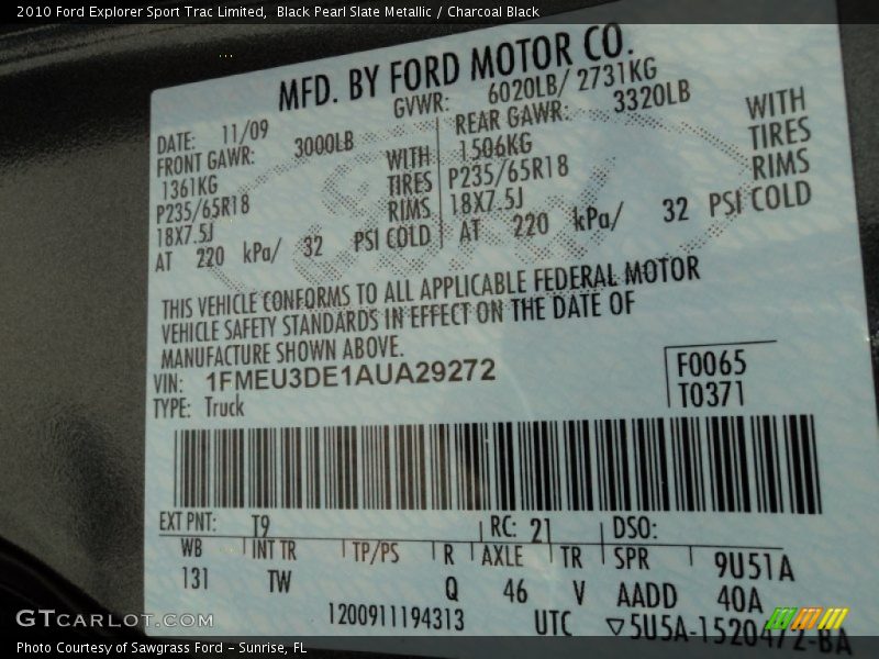 2010 Explorer Sport Trac Limited Black Pearl Slate Metallic Color Code T9