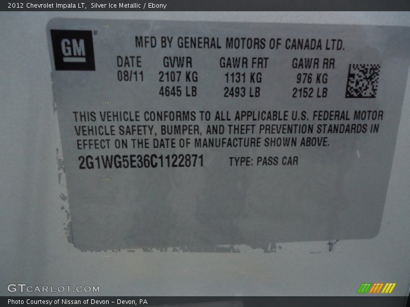 Silver Ice Metallic / Ebony 2012 Chevrolet Impala LT