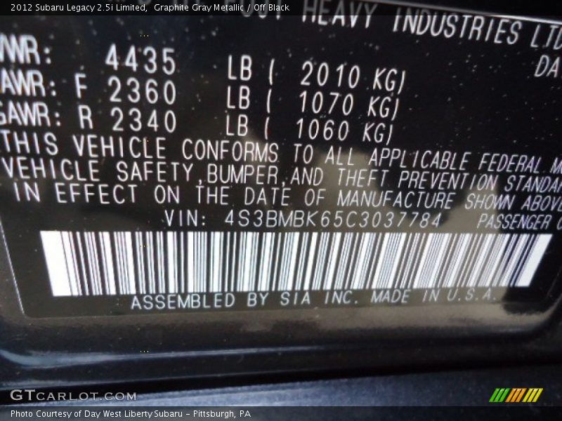 Graphite Gray Metallic / Off Black 2012 Subaru Legacy 2.5i Limited