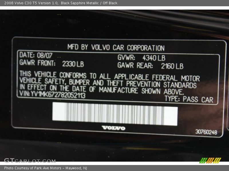 Black Sapphire Metallic / Off Black 2008 Volvo C30 T5 Version 1.0