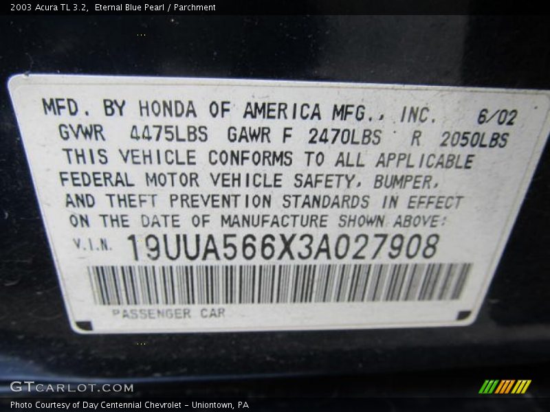 Eternal Blue Pearl / Parchment 2003 Acura TL 3.2