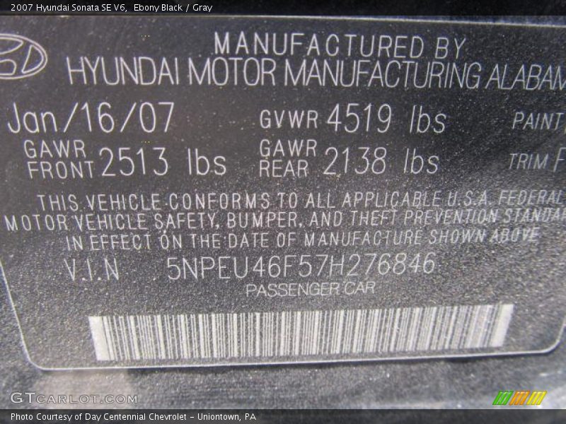 Ebony Black / Gray 2007 Hyundai Sonata SE V6