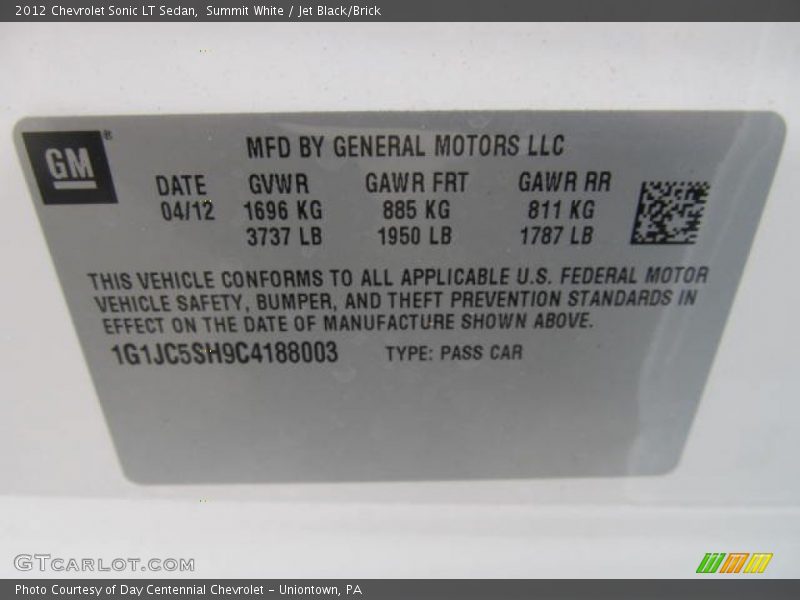 Summit White / Jet Black/Brick 2012 Chevrolet Sonic LT Sedan