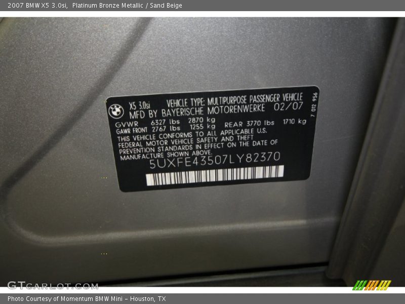 Platinum Bronze Metallic / Sand Beige 2007 BMW X5 3.0si