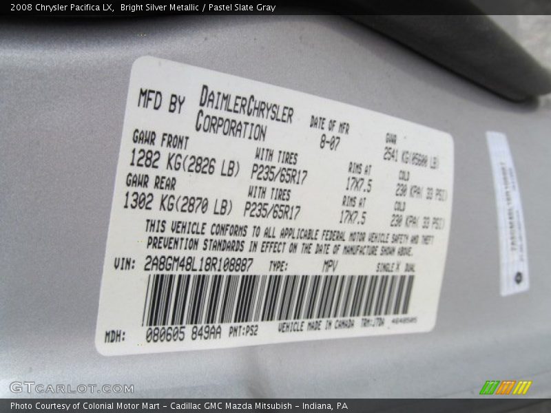 Bright Silver Metallic / Pastel Slate Gray 2008 Chrysler Pacifica LX