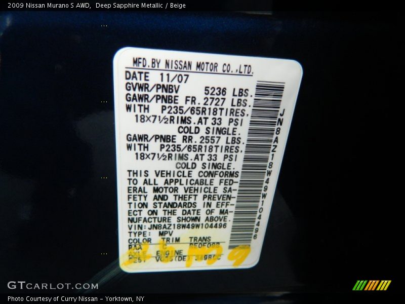 Deep Sapphire Metallic / Beige 2009 Nissan Murano S AWD