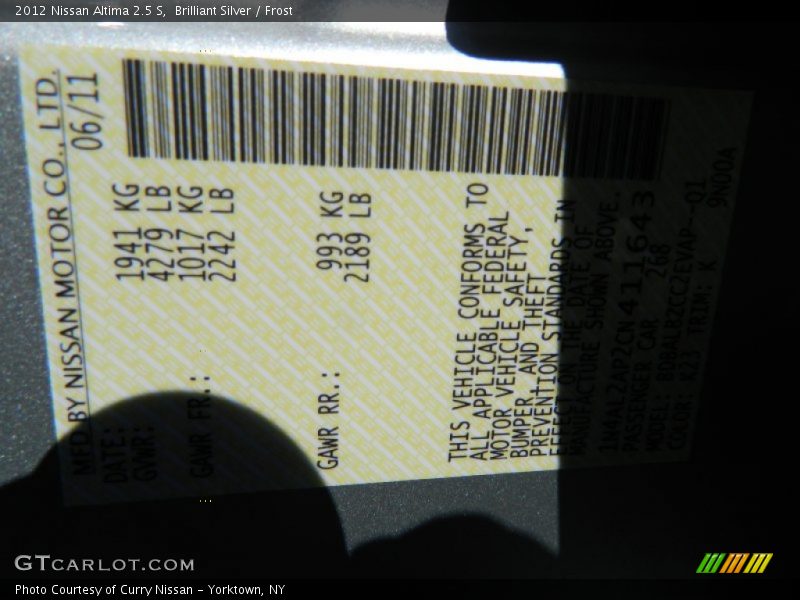 Brilliant Silver / Frost 2012 Nissan Altima 2.5 S